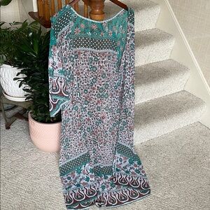 Bohemian Teal Floral Long Line Sheer Kimono Duster